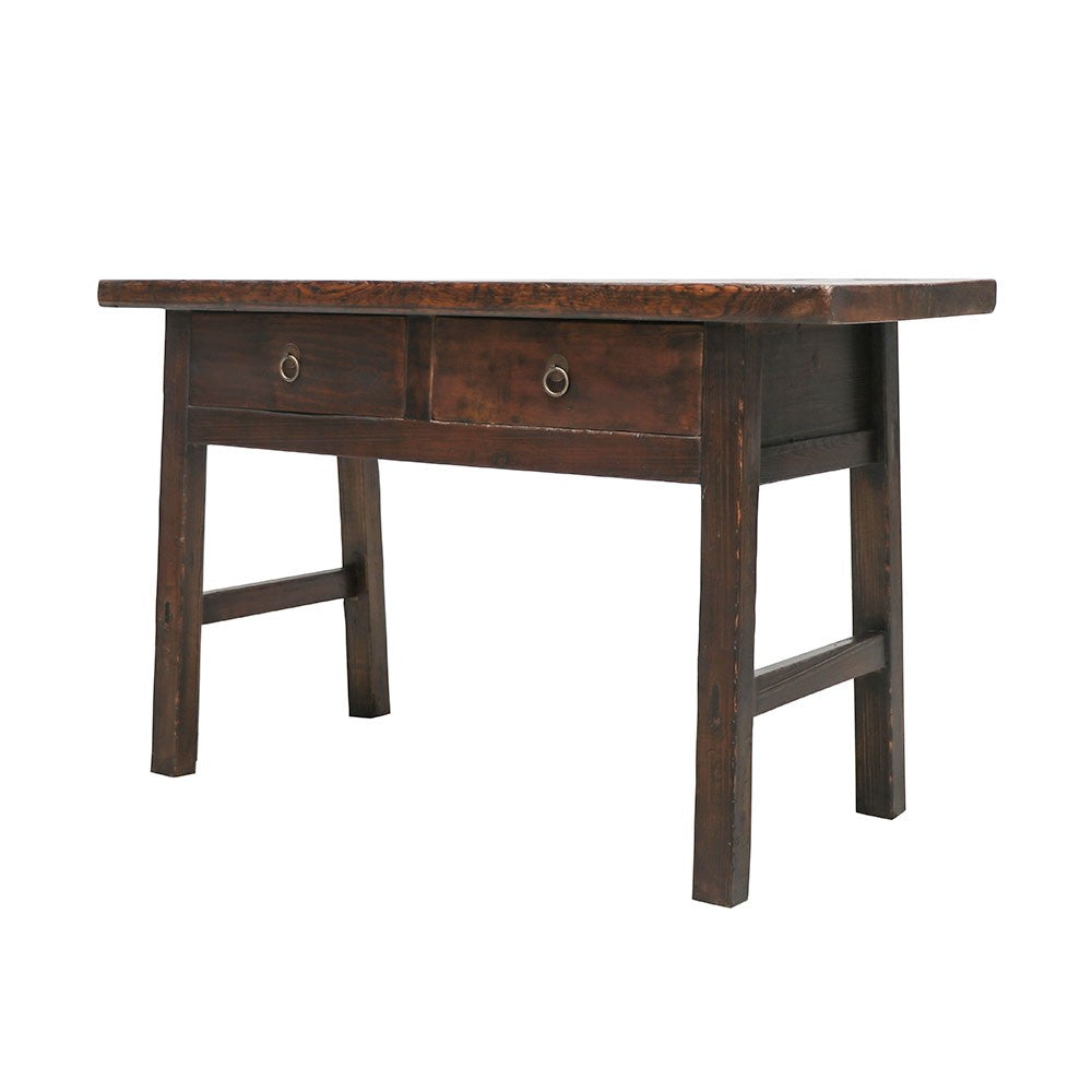 Antique Chinese Butcher's Block Table / 2 Drawer / Dark