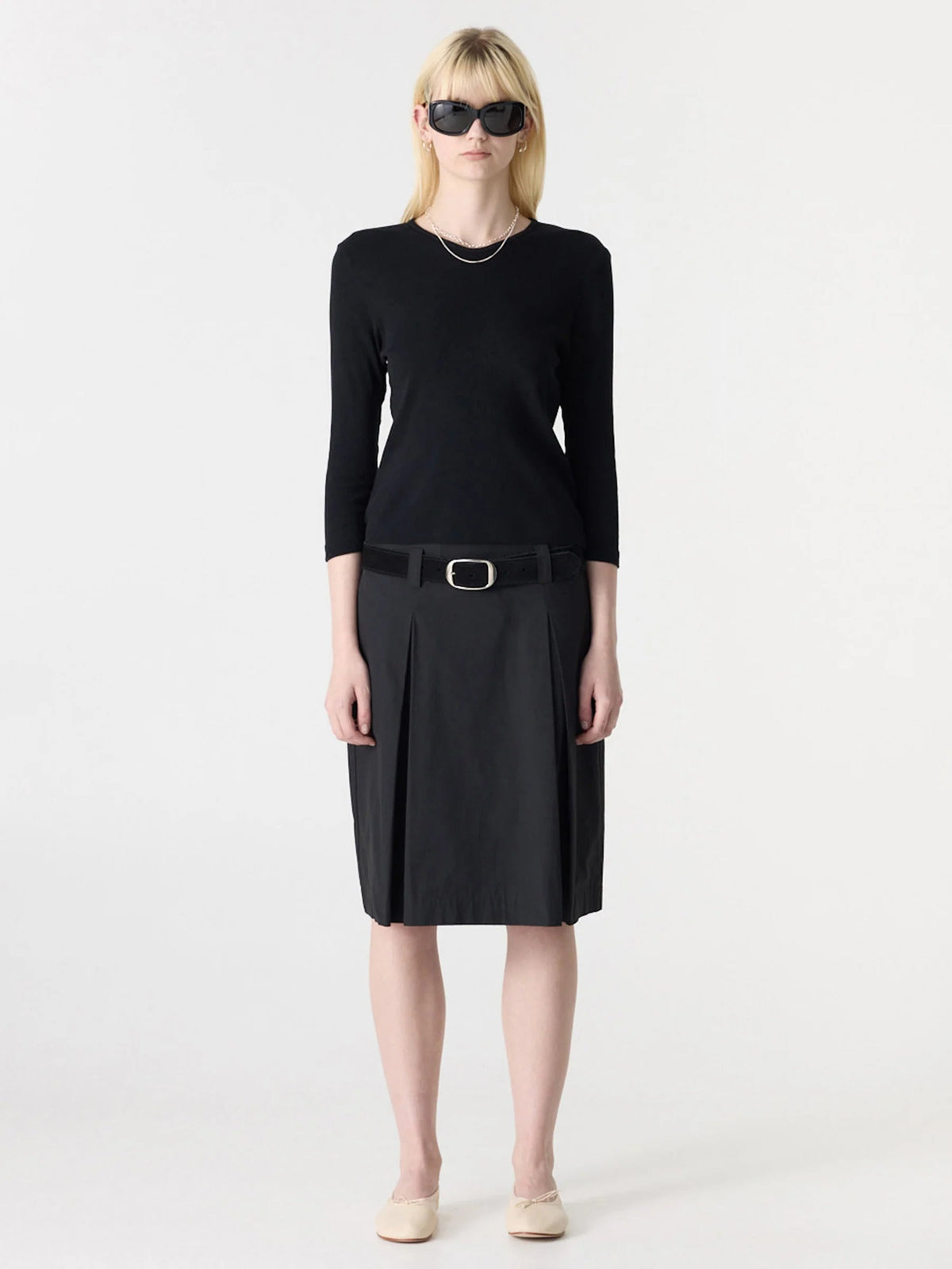 Bassike / Crushed Cotton Box Pleat Skirt / Black