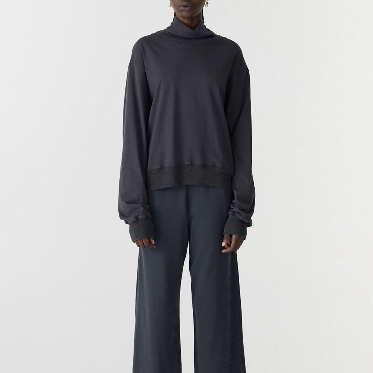 Bassike / Contrast Funnel Neck Sweat / Washed Navy + Charcoal Marl
