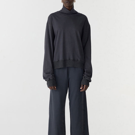 Bassike / Contrast Funnel Neck Sweat / Washed Navy + Charcoal Marl