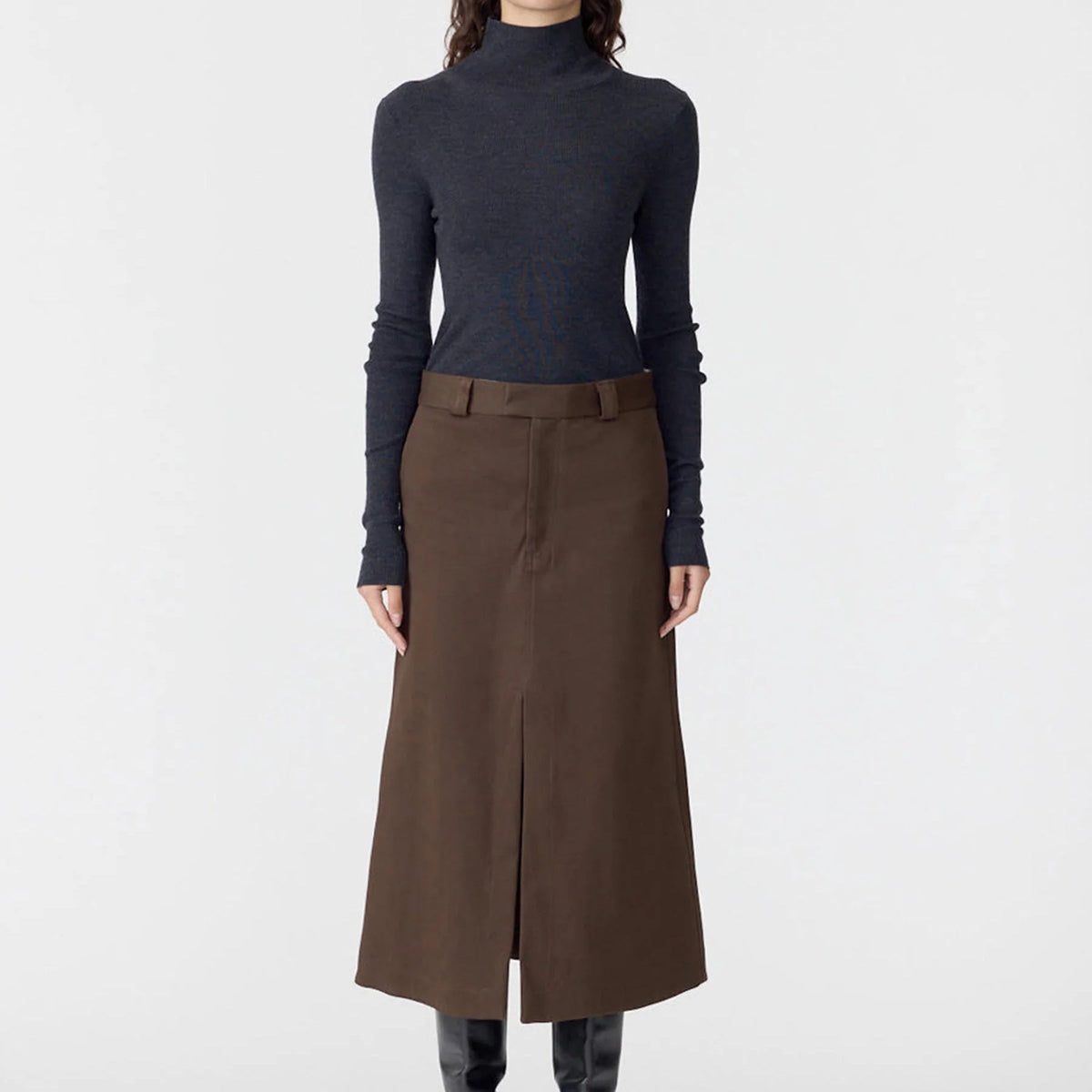 Bassike / Double Twill Longerline Skirt / Dark Brown