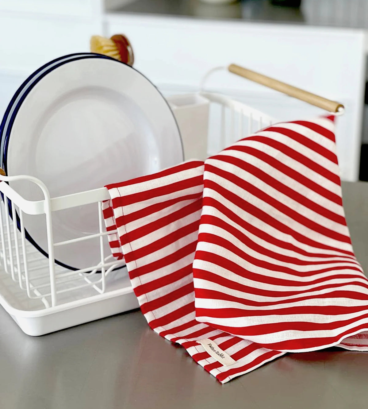 Linen Tea Towel / French Nautical Red Stripe