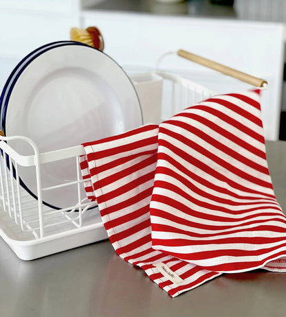 Linen Tea Towel / French Nautical Red Stripe