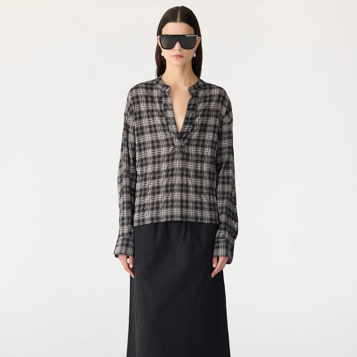 Bassike / Fine Check Popover Shirt / Black + Taupe
