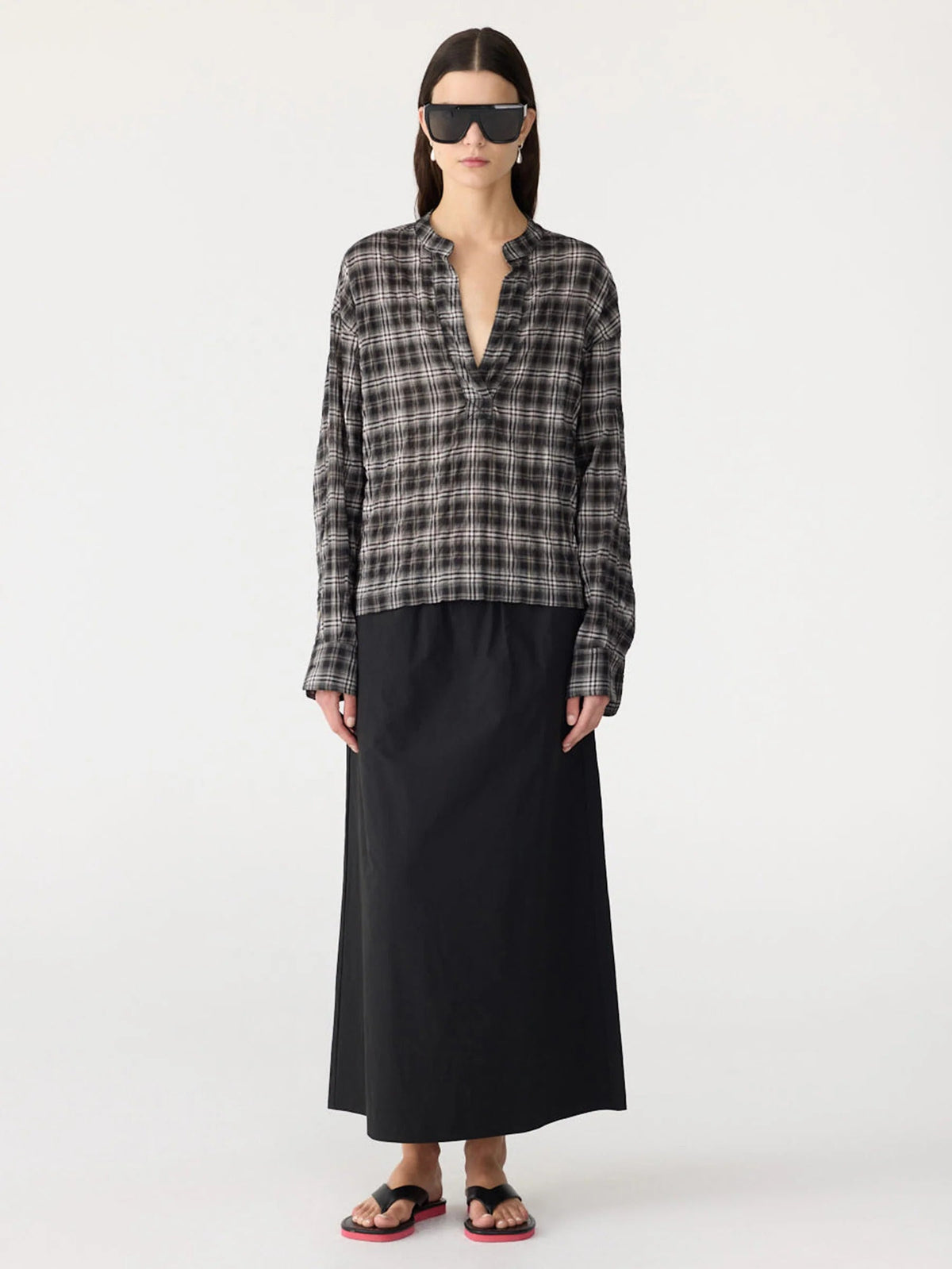 Bassike / Fine Check Popover Shirt / Black + Taupe