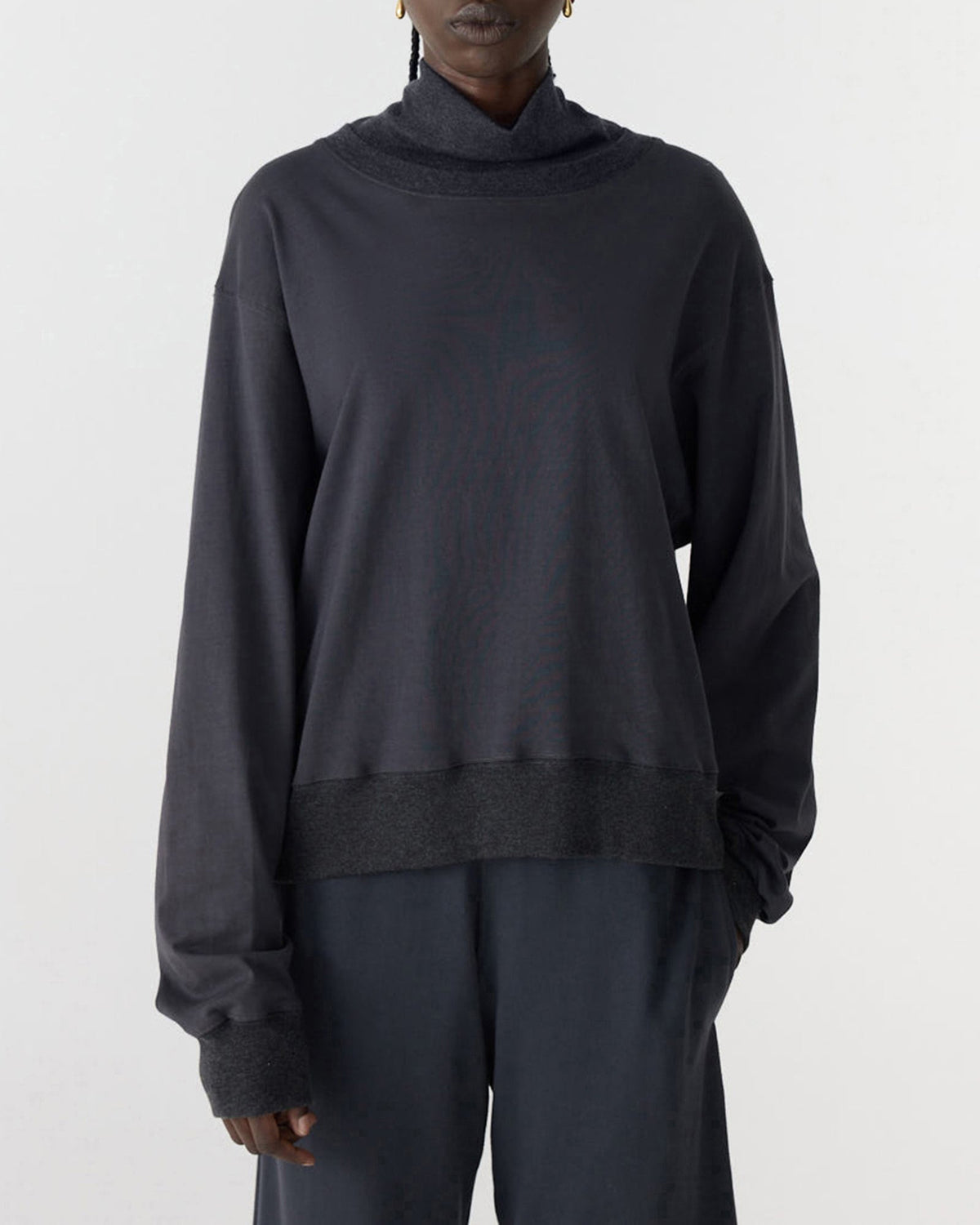 Bassike / Contrast Funnel Neck Sweat / Washed Navy + Charcoal Marl