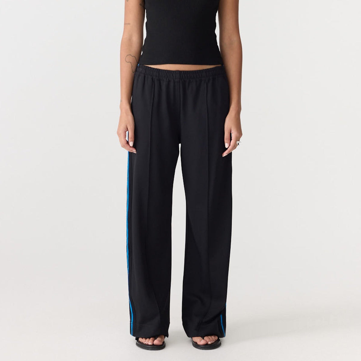 Bassike / Double Stripe Wide Leg Pant / Black / Cobalt / Ink Stripe