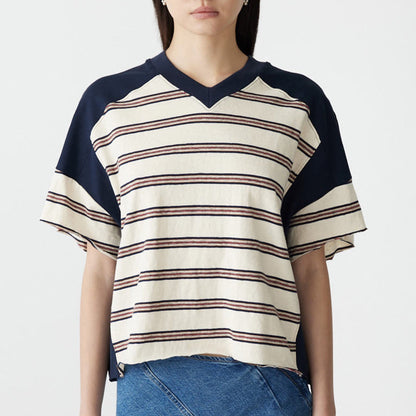 Bassike / Stripe Contrast V-Neck T-Shirt / Navy + Red + Natural