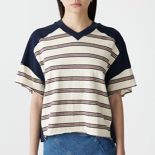 Bassike / Stripe Contrast V-Neck T-Shirt / Navy + Red + Natural