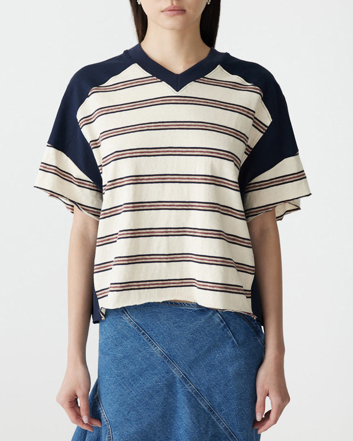 Bassike / Stripe Contrast V-Neck T-Shirt / Navy + Red + Natural