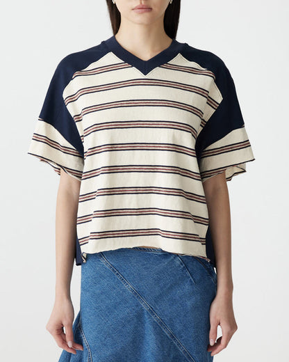 Bassike / Stripe Contrast V-Neck T-Shirt / Navy + Red + Natural
