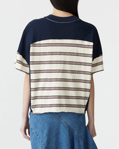 Bassike / Stripe Contrast V-Neck T-Shirt / Navy + Red + Natural