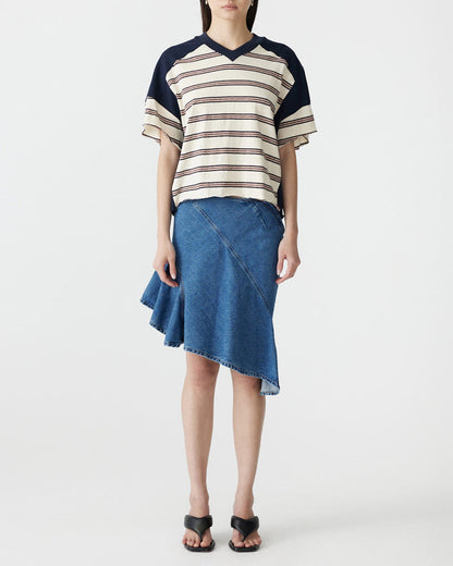 Bassike / Stripe Contrast V-Neck T-Shirt / Navy + Red + Natural