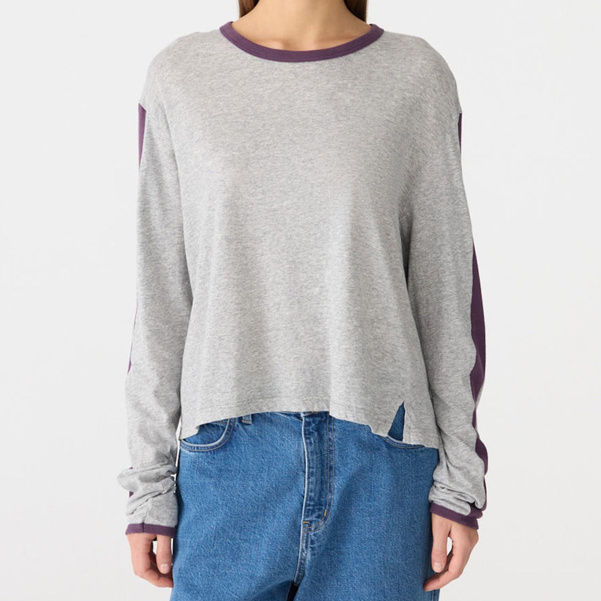 Bassike / Racer Sleeve Long Sleeve T-Shirt / Grey Marl + Aubergine