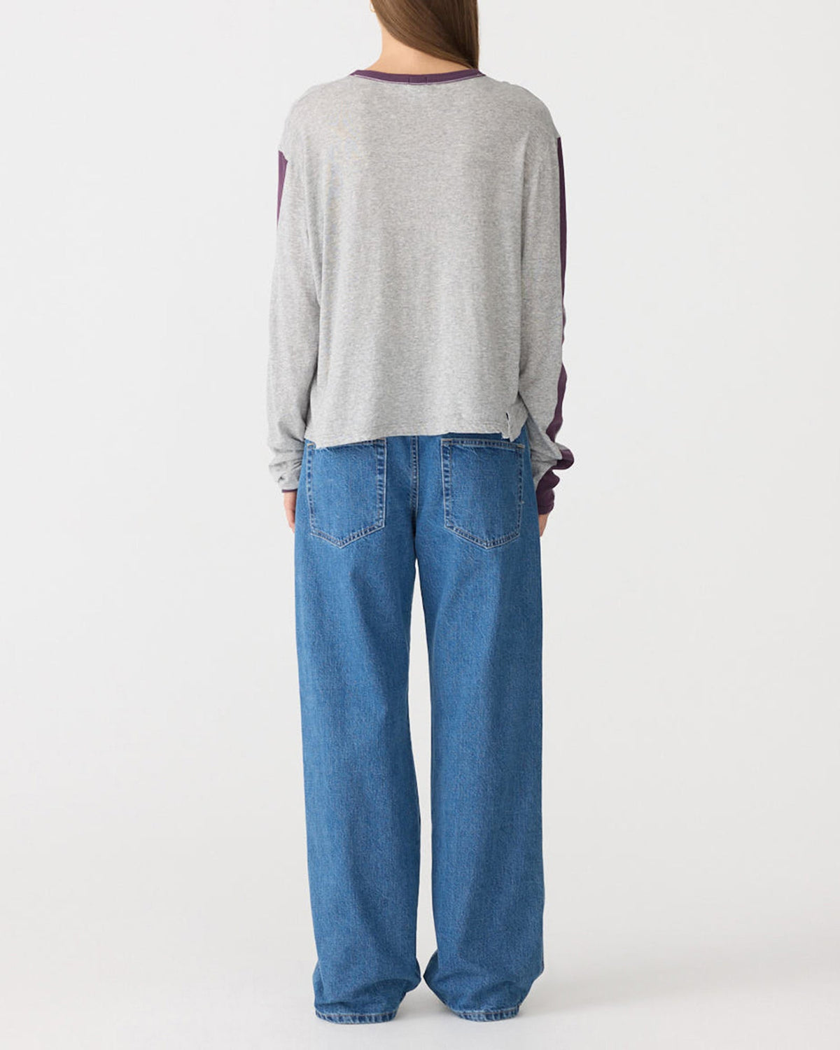 Bassike / Racer Sleeve Long Sleeve T-Shirt / Grey Marl + Aubergine