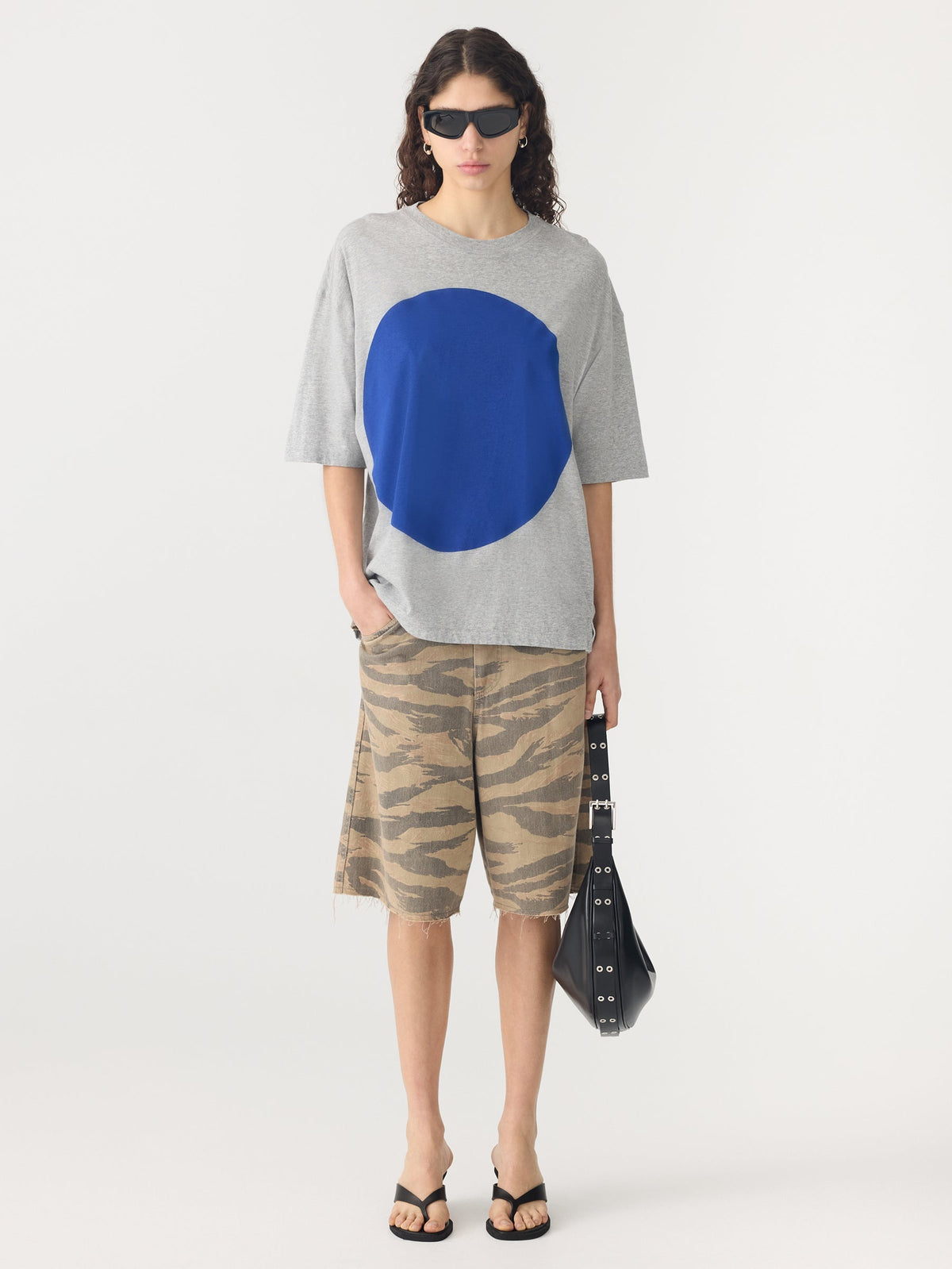 Bassike / Slouch Dot Print T-Shirt / Grey Marl + Cobolt