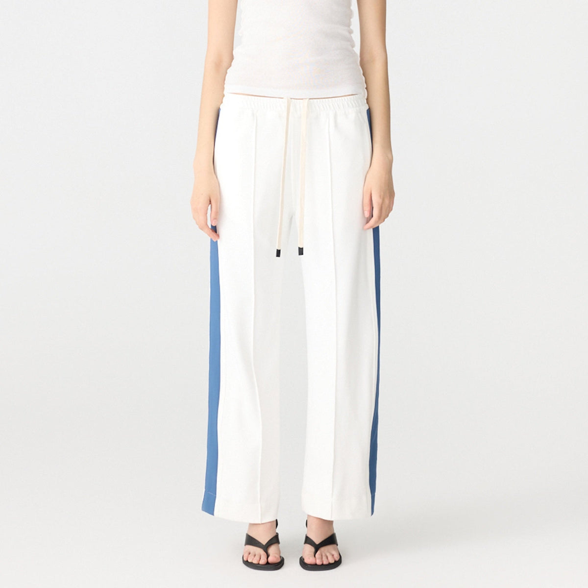 Bassike / Twill Stripe Detail Pant / White + Marine