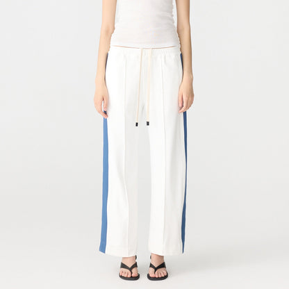 Bassike / Twill Stripe Detail Pant / White + Marine