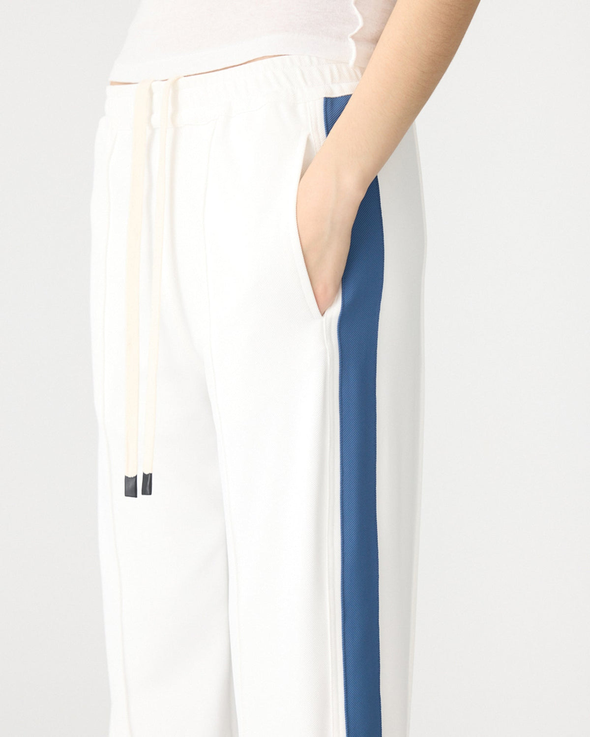 Bassike / Twill Stripe Detail Pant / White + Marine