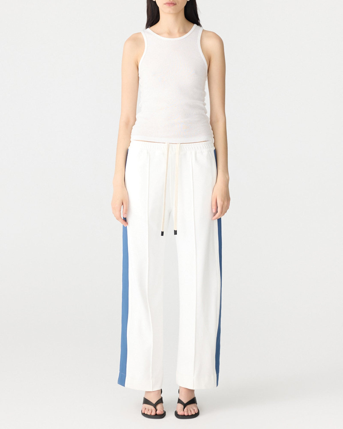 Bassike / Twill Stripe Detail Pant / White + Marine