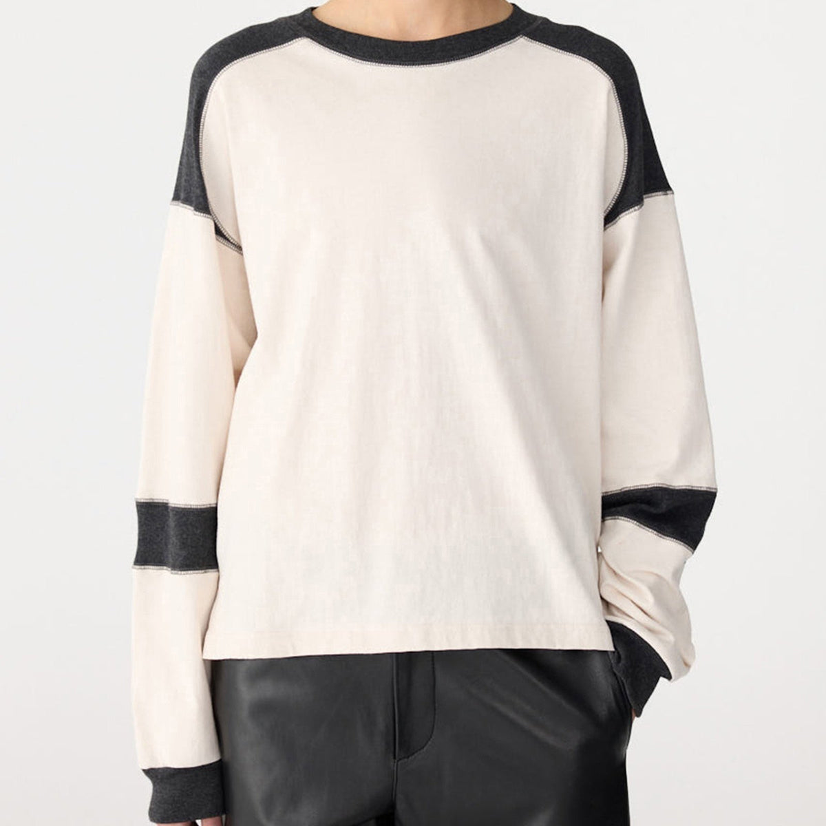 Bassike / Long Sleeve Slouch Panelled T-Shirt / Ecru + Charcoal Marl