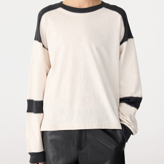 Bassike / Long Sleeve Slouch Panelled T-Shirt / Ecru + Charcoal Marl