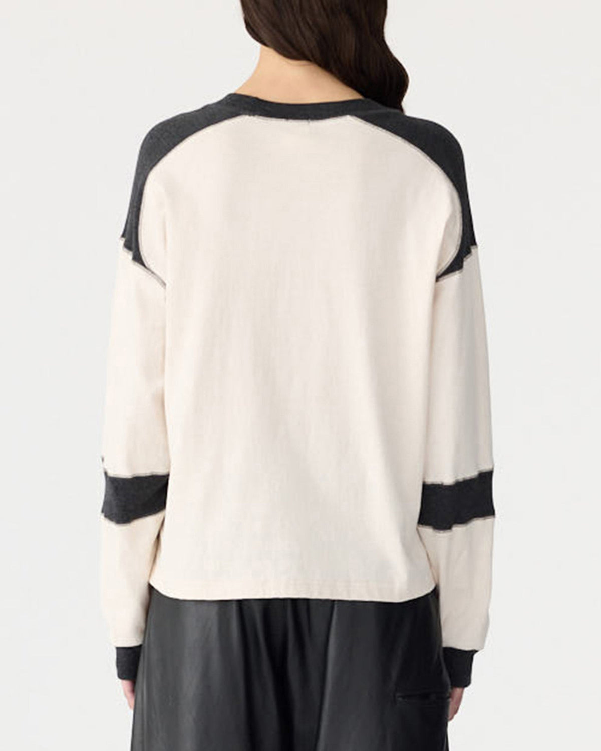 Bassike / Long Sleeve Slouch Panelled T-Shirt / Ecru + Charcoal Marl