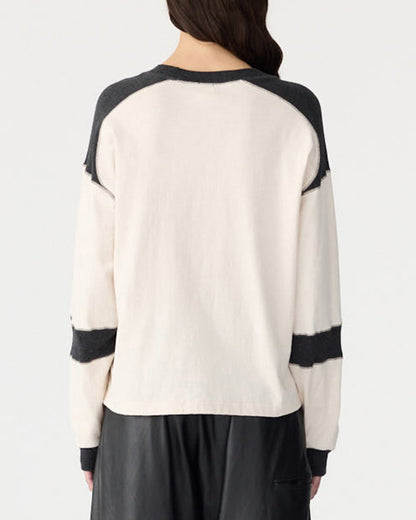 Bassike / Long Sleeve Slouch Panelled T-Shirt / Ecru + Charcoal Marl