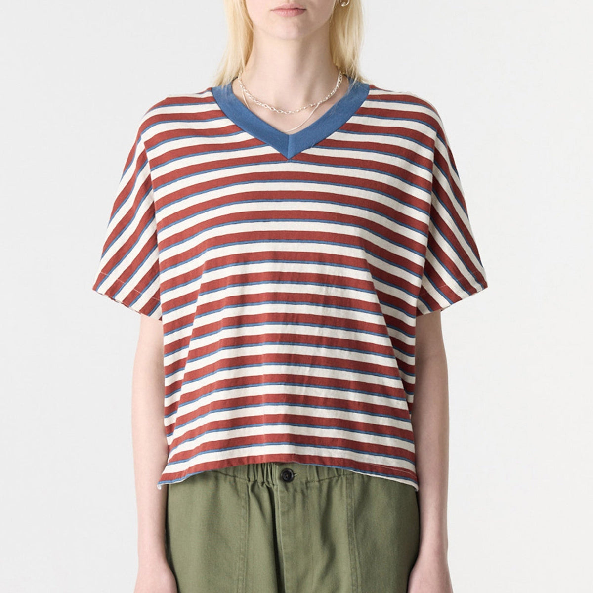 Bassike / Stripe Boxy V-Neck T-Shirt / Vintage Red + Natural + Blue