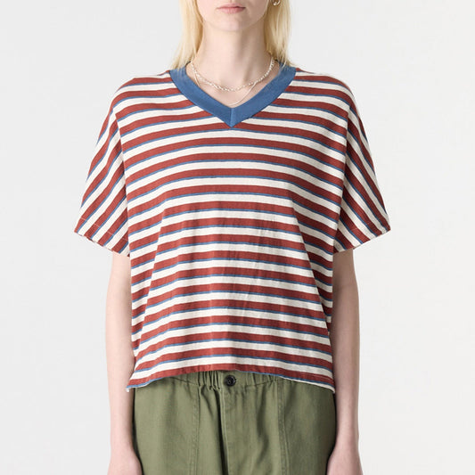 Bassike / Stripe Boxy V-Neck T-Shirt / Vintage Red + Natural + Blue