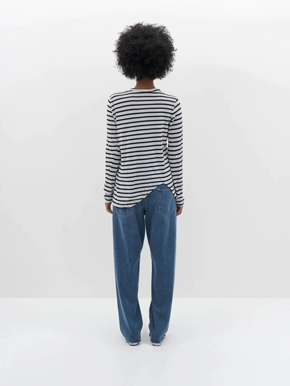 Bassike / Stripe Scoop Hem Long Sleeve T-Shirt / White + Black