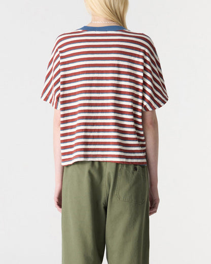 Bassike / Stripe Boxy V-Neck T-Shirt / Vintage Red + Natural + Blue