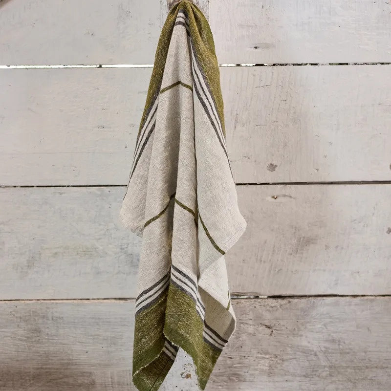 Stripe Linen Tea Towel / Natural + Green