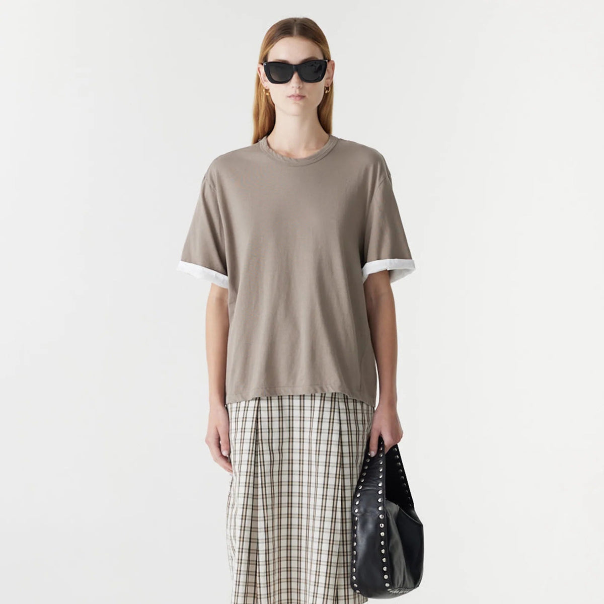 Bassike / Slouch Turnback T-Shirt / Taupe + White