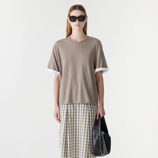 Bassike / Slouch Turnback T-Shirt / Taupe + White