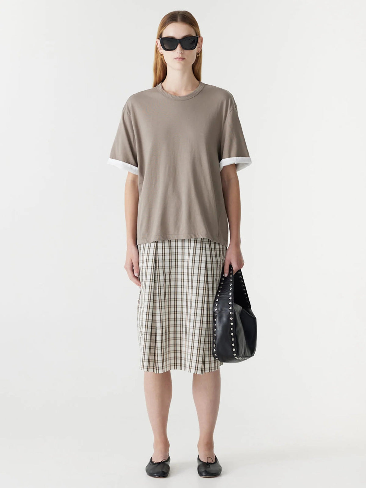 Bassike / Slouch Turnback T-Shirt / Taupe + White