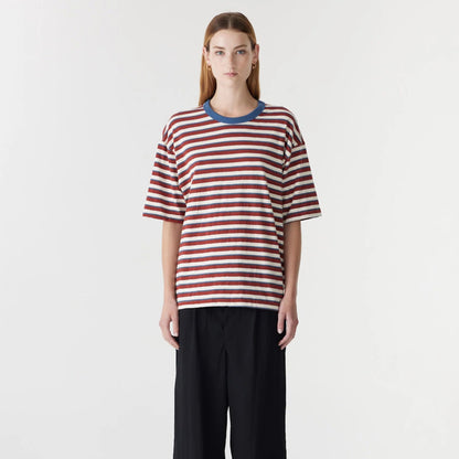 Bassike / Universal Stripe Boxy T-Shirt / Vintage Red + Natural + Navy
