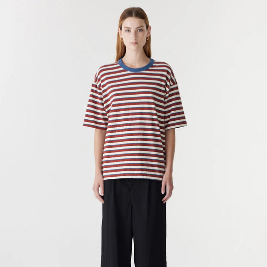 Bassike / Universal Stripe Boxy T-Shirt / Vintage Red + Natural + Navy