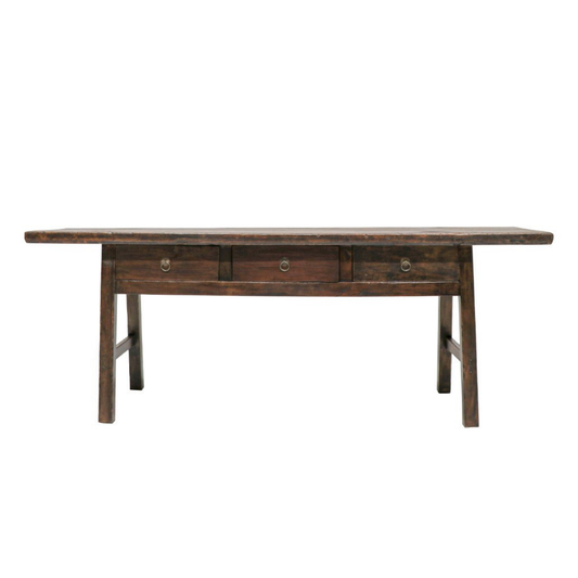 Antique Chinese Butcher's Block Table / 3 Drawer / Dark